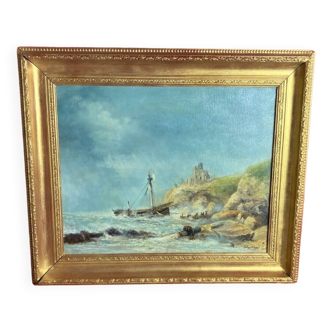 19th century oil on canvas depicting an animated marine scene with its gilded wooden frame