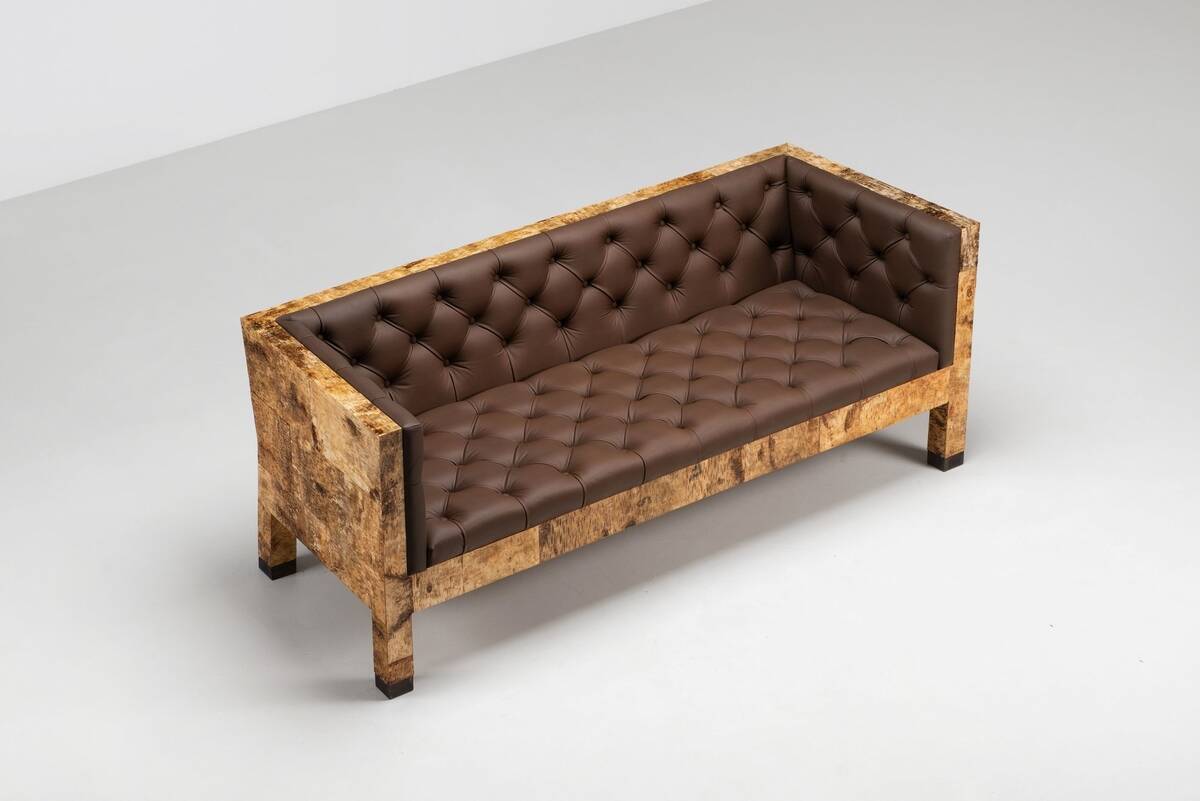 Werner Neumann sculptural birchwood sofa in birch bark and leather, The Netherlands