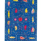 Midnight blue suzani kilim rug with embroidered patterns