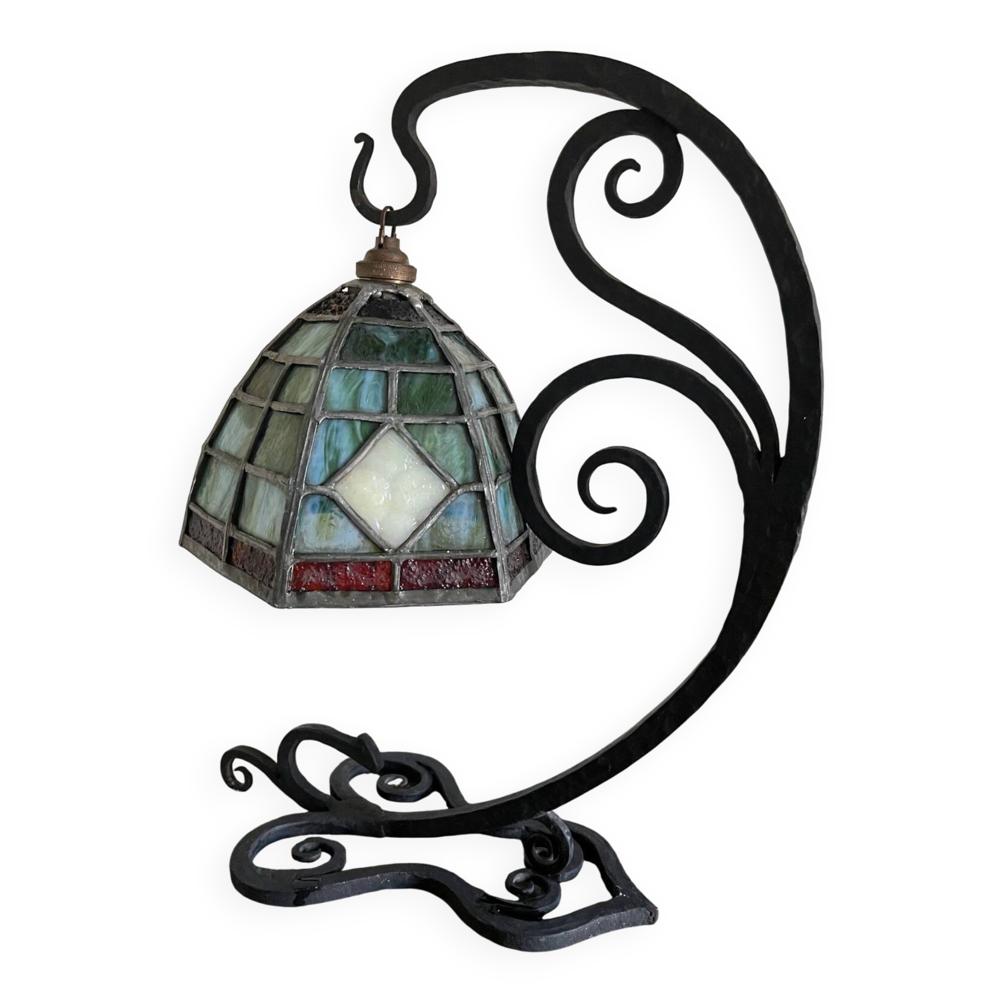 Antique Arts & Crafts Lamp cf. Tiffany Wrought iron and stained glass