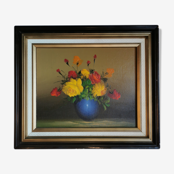 Bouquet of red and yellow oil roses on ancient canvas