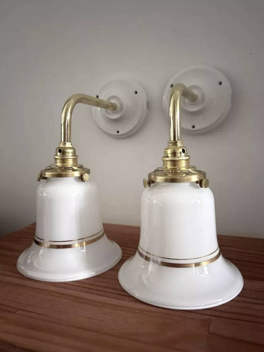 Pair of white opaline and ceramic wall lights
