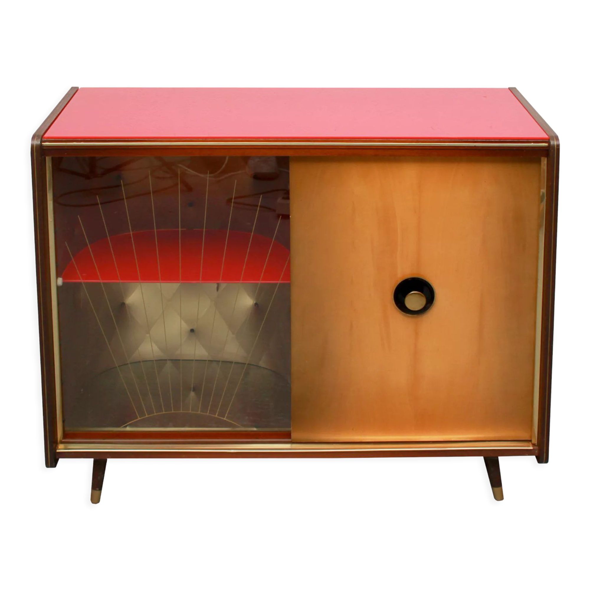 1950s bar cabinet in maple and glass
