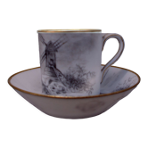 Tasse et sous tasse décor en grisaille Porcelaine de Paris XIXème signée décor moulin