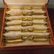 Box of 12 knife holders in silver metal, shape of canrds, 60s