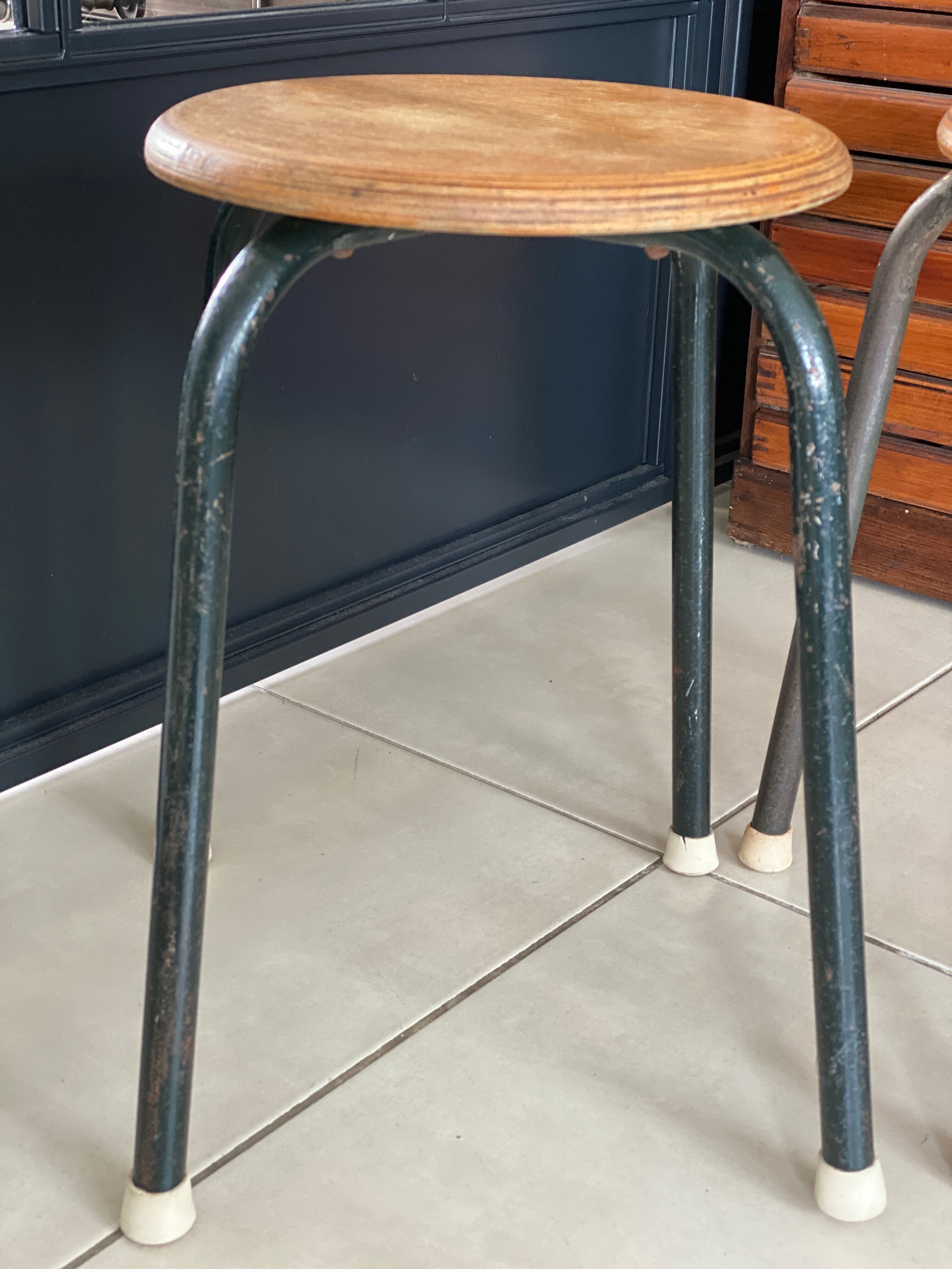Pair of metal and wood workshop stools