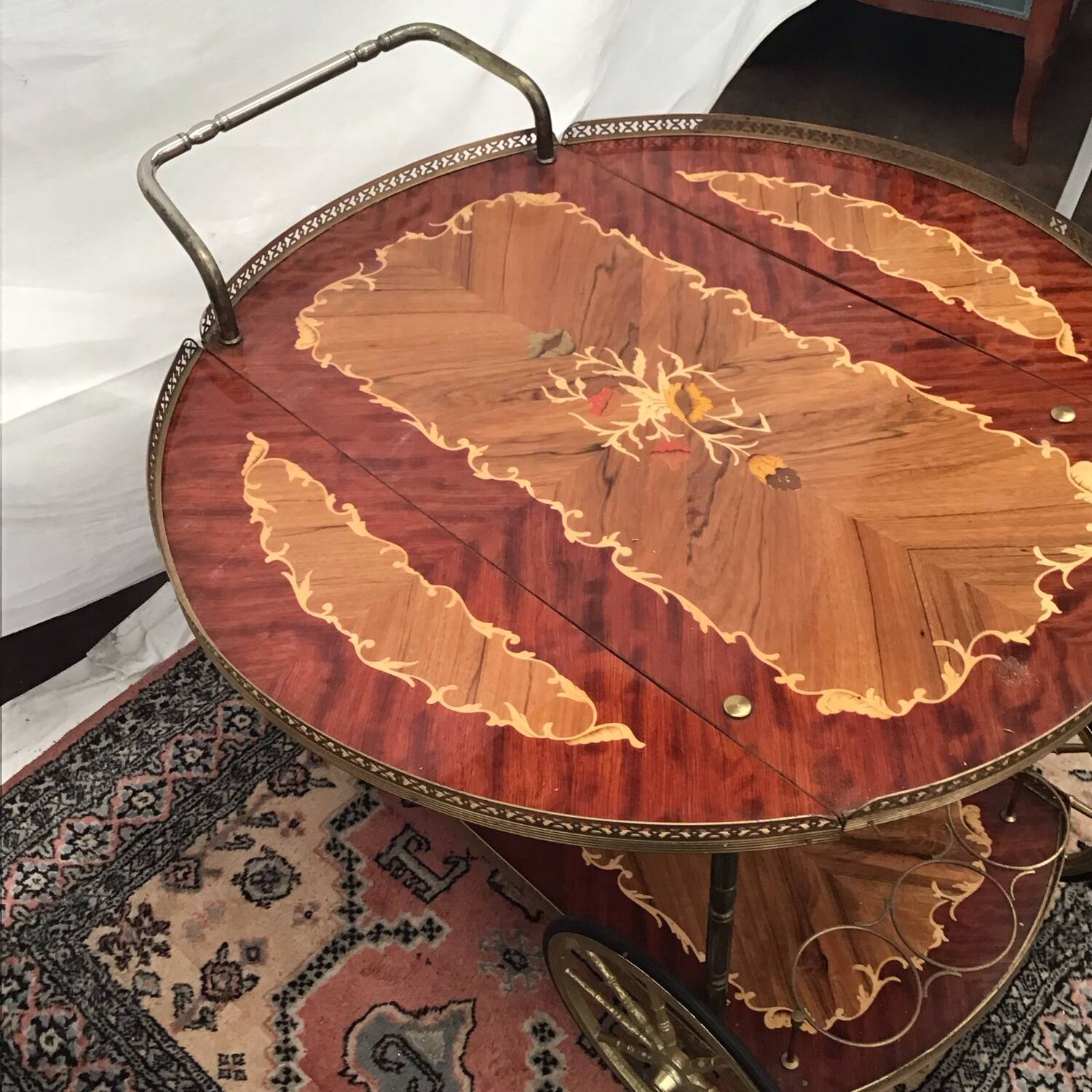 1960s marquetry bar cart on wheels