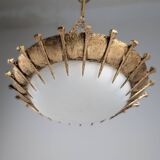 Sunburst lamp with forged nails and gold leaf and opaline, 1940s