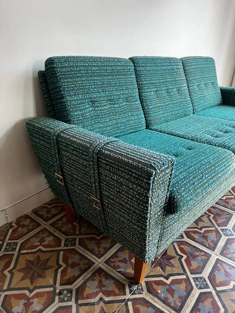Mid-century sofa, three-seater in turquoise shade