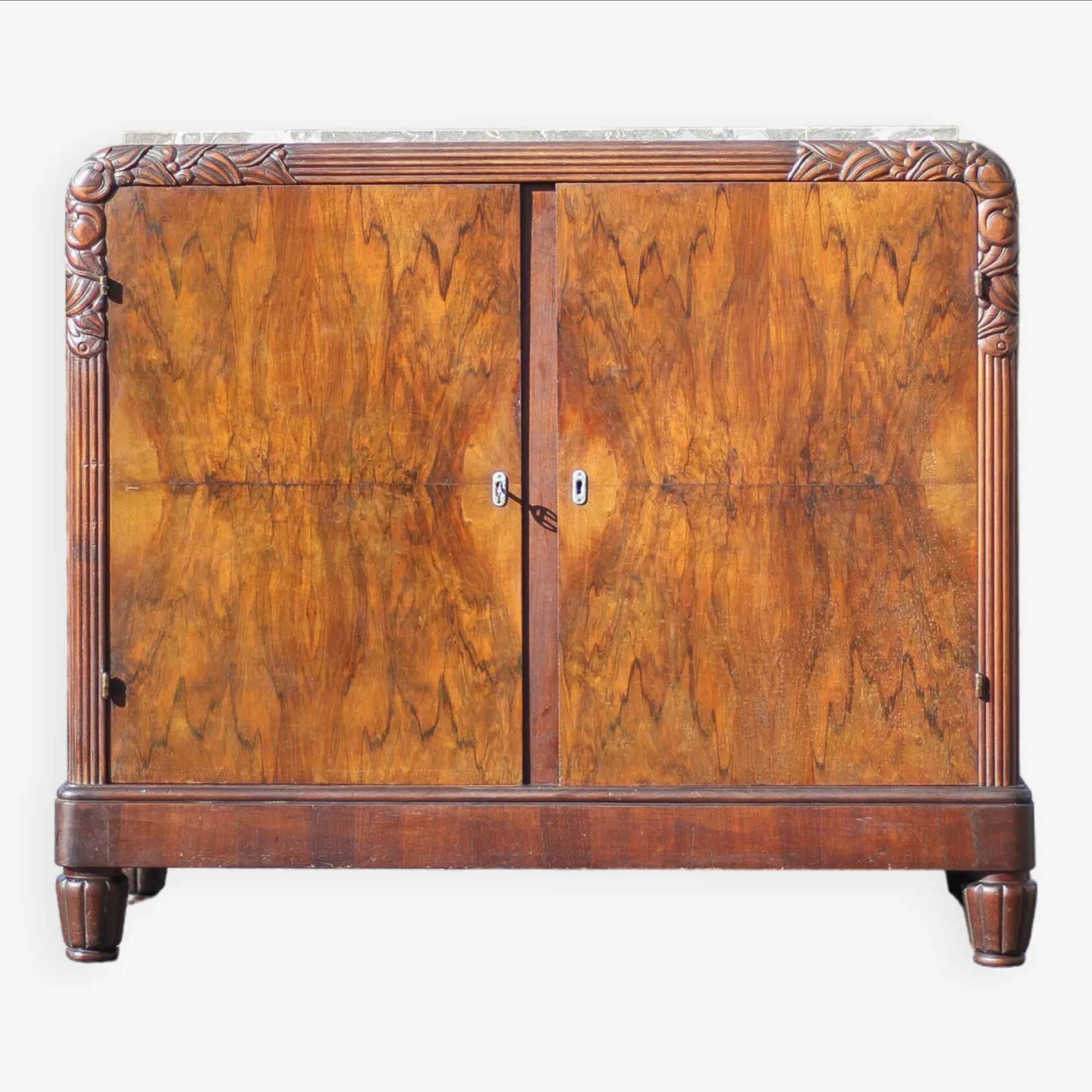 Art Deco buffet with 2 doors, wooden and marble Art Deco furniture.