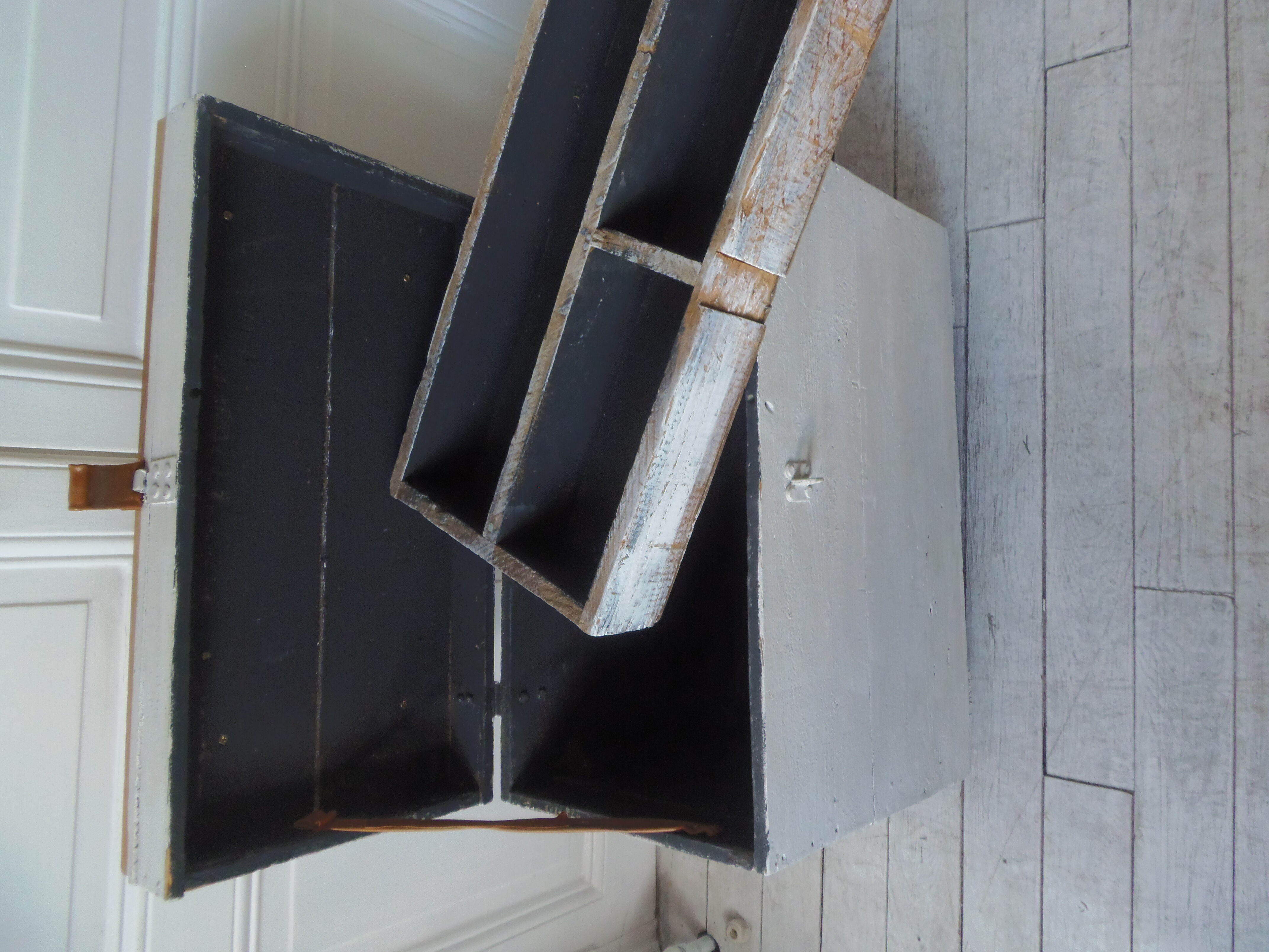 Vintage chest on casters pearl gray interior slate gray, oak top.
