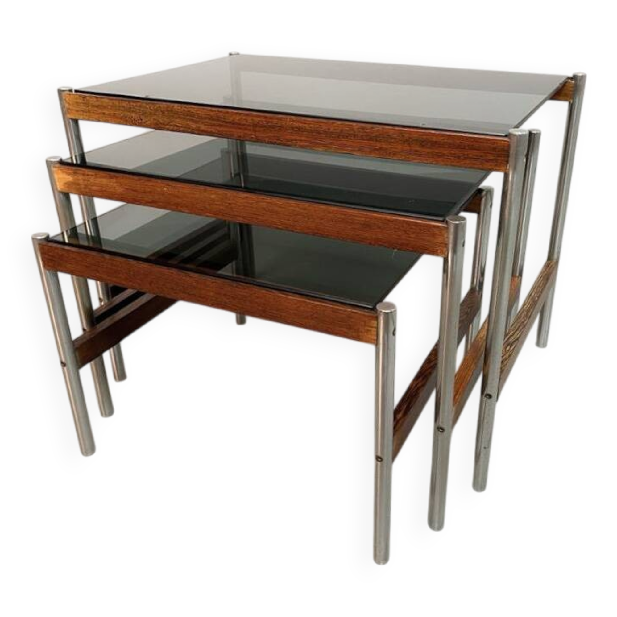 3 Fristho Dutch Design Nesting Tables with Smokey Glass Top Wenge Frame 60s