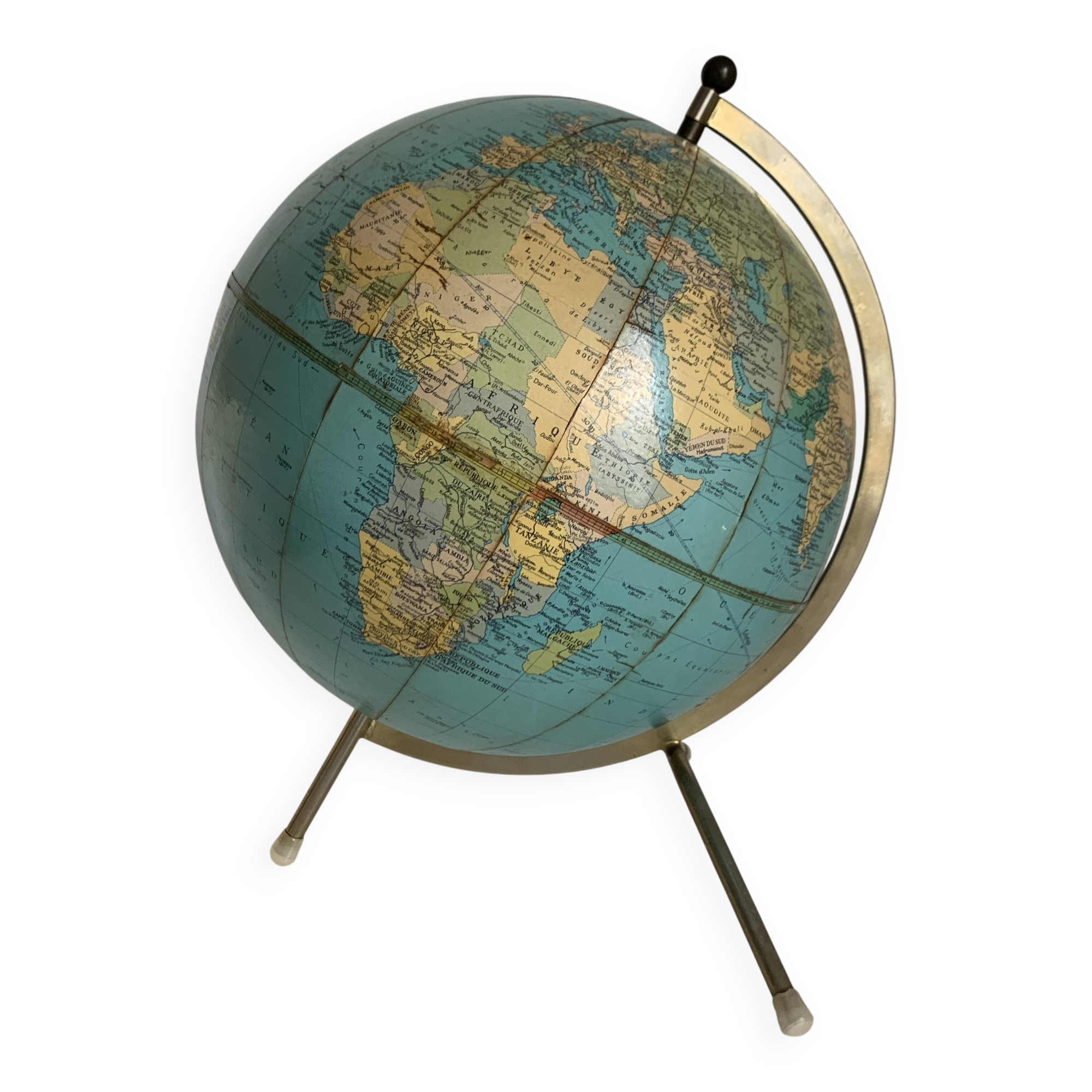 Vintage 1976 terrestrial tripod globe, Taride Philips Challenge world map -