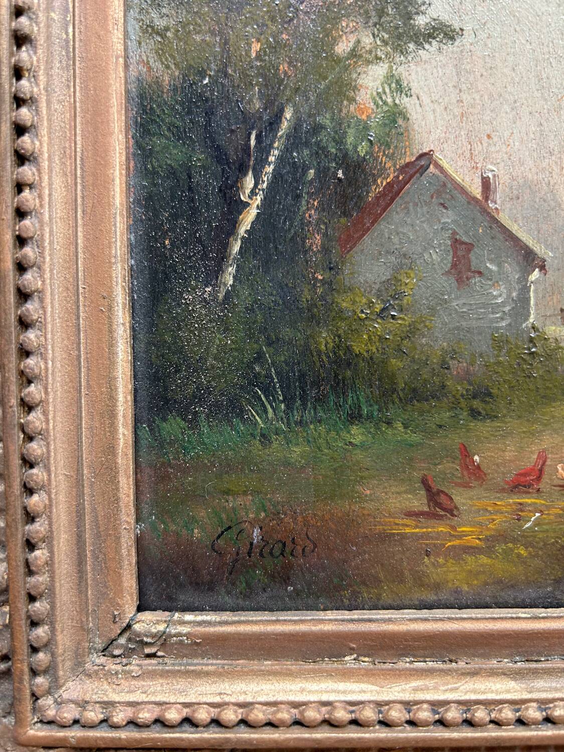 La Basse-cour , Huile sur panneau signée Girard XIXe