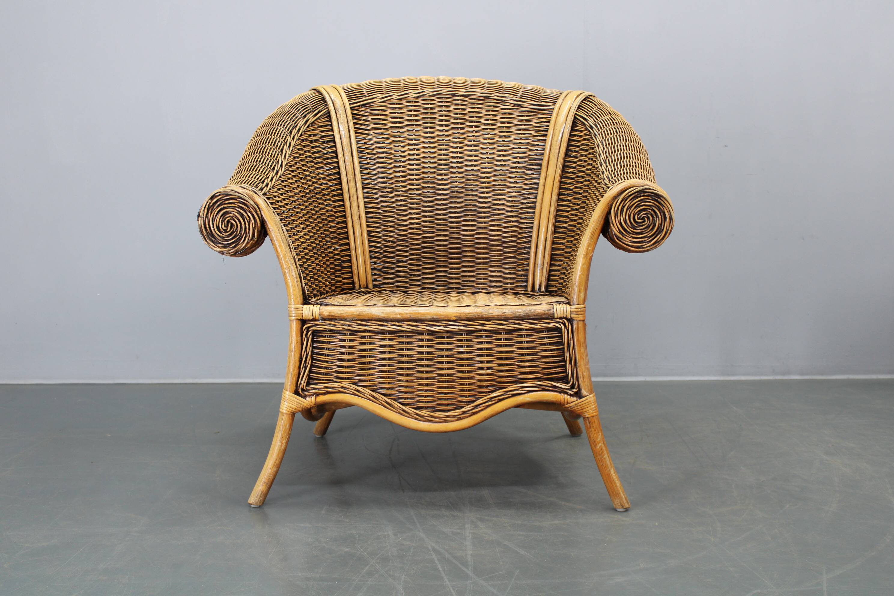 Vintage organic rattan armchair and round coffee table set, 1980s-1990s
