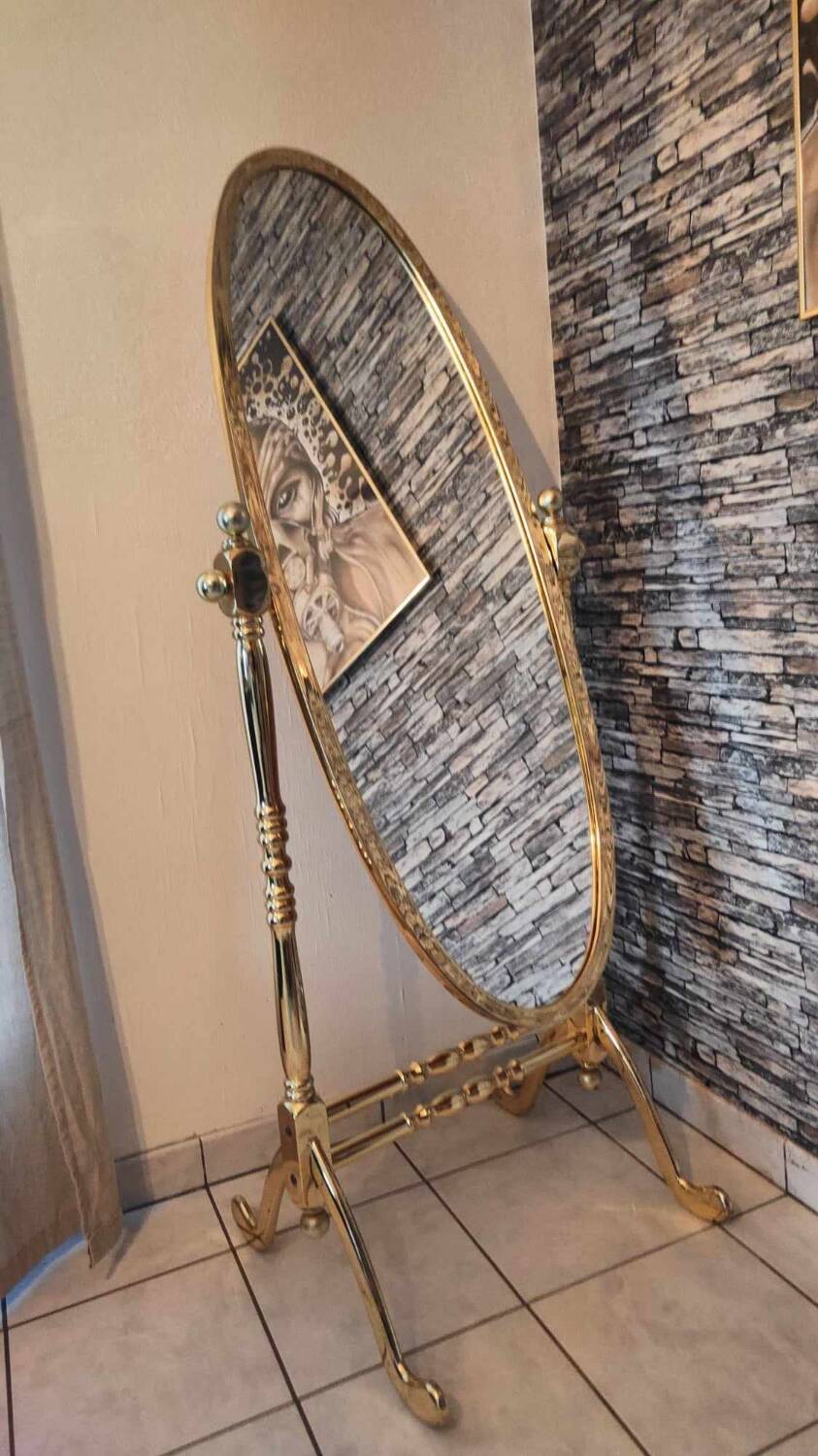 Vintage horse mirror in patinated steel with golden brass effect 1980