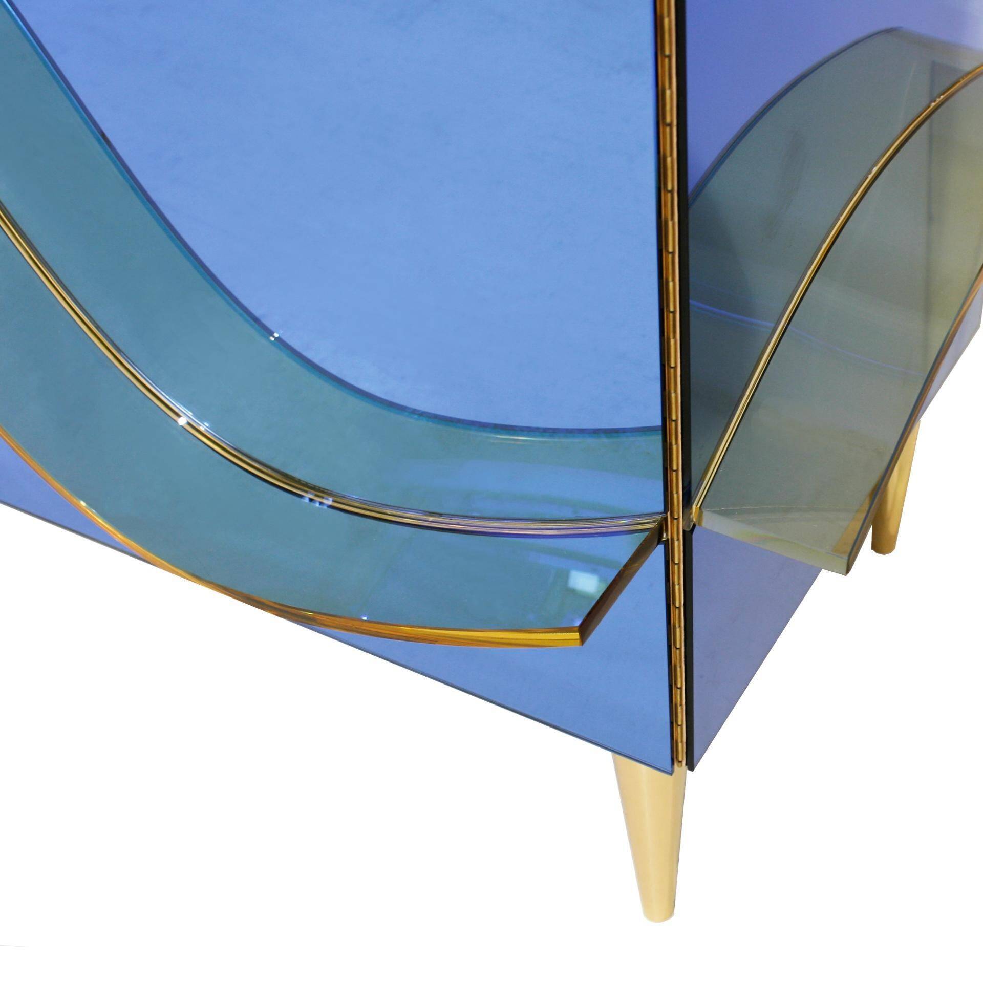 Italian Sideboard Covered In Blue and Orange Murano Mirrored Glass
