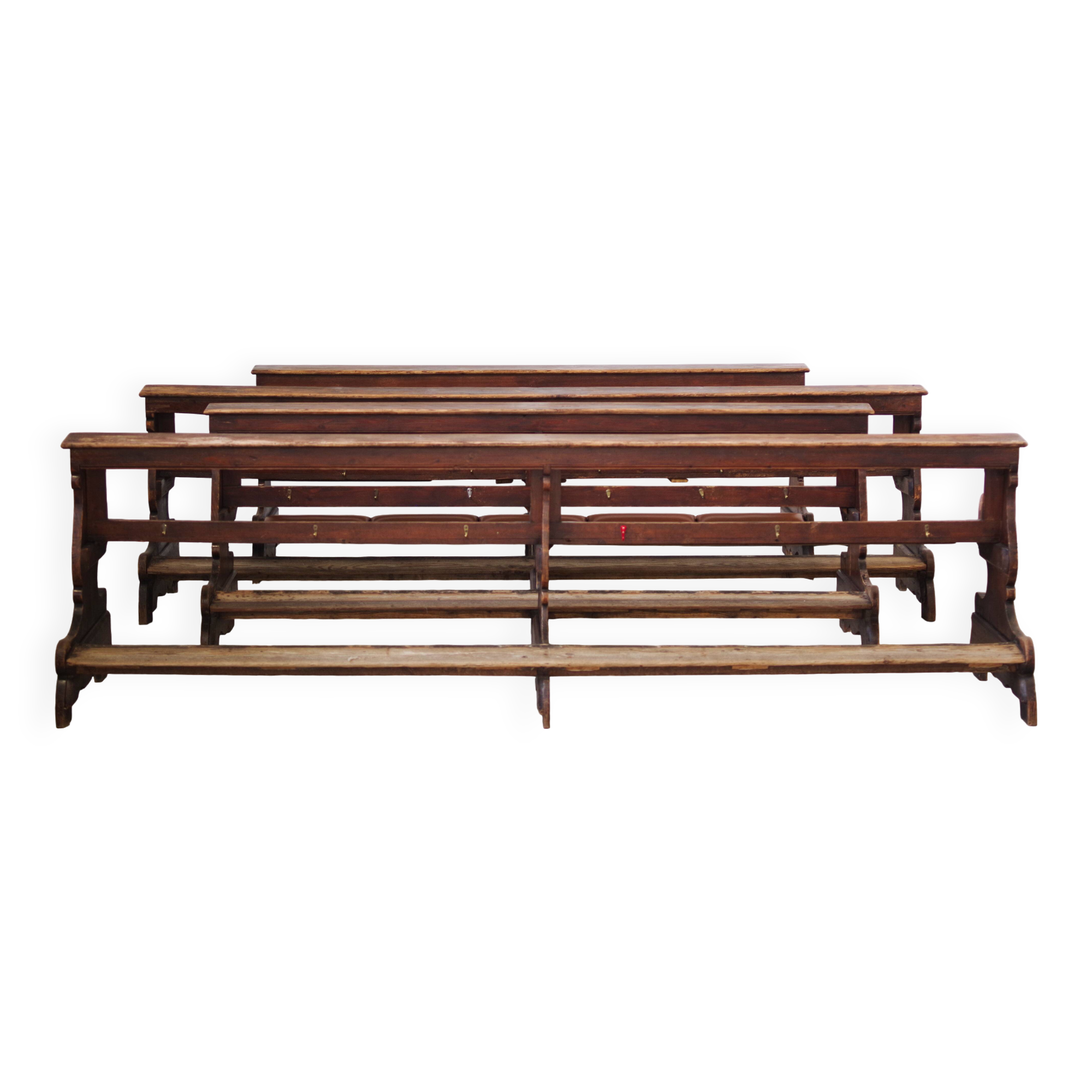 Antique Gothic Church Benches, Late 1800s – Set of 4 Pine Wood Pew Benches