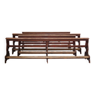 Antique Gothic Church Benches, Late 1800s – Set of 4 Pine Wood Pew Benches