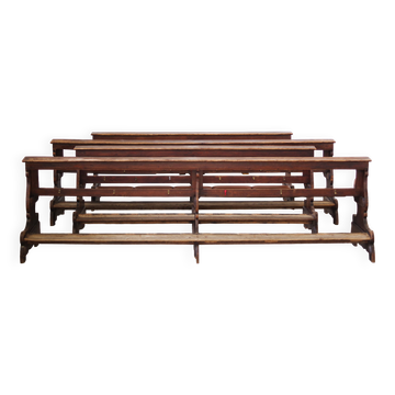 Bancs d'église gothiques antiques, fin des années 1800 – Ensemble de 4 bancs en bois de pin
