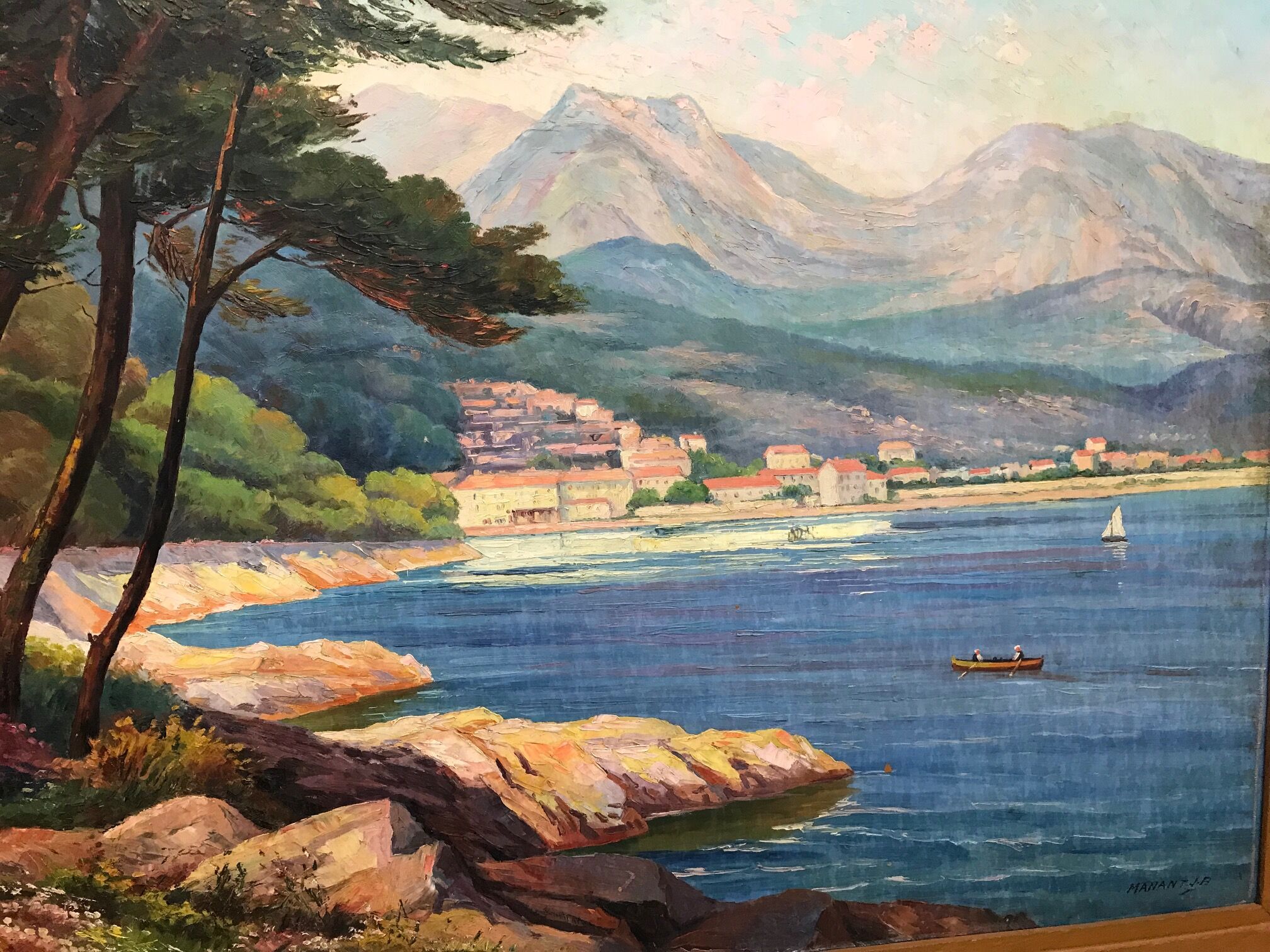 MANANT JEAN BAPTISTE OIL PAINTING SIGNED. SMALL MEDITERRANEAN PORT COTE D'AZUR
