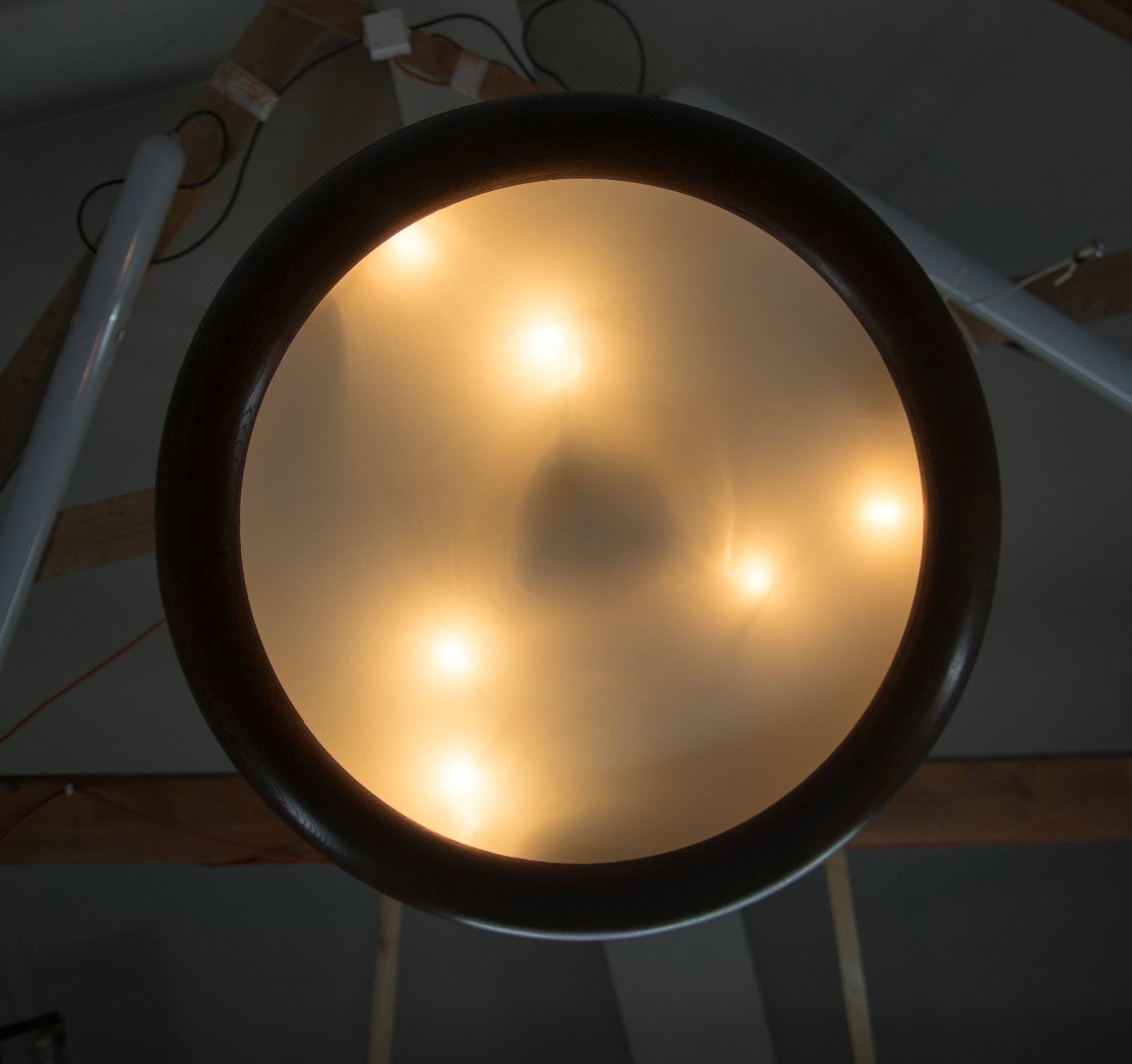 Large wooden art deco ufo chandelier, 1930s