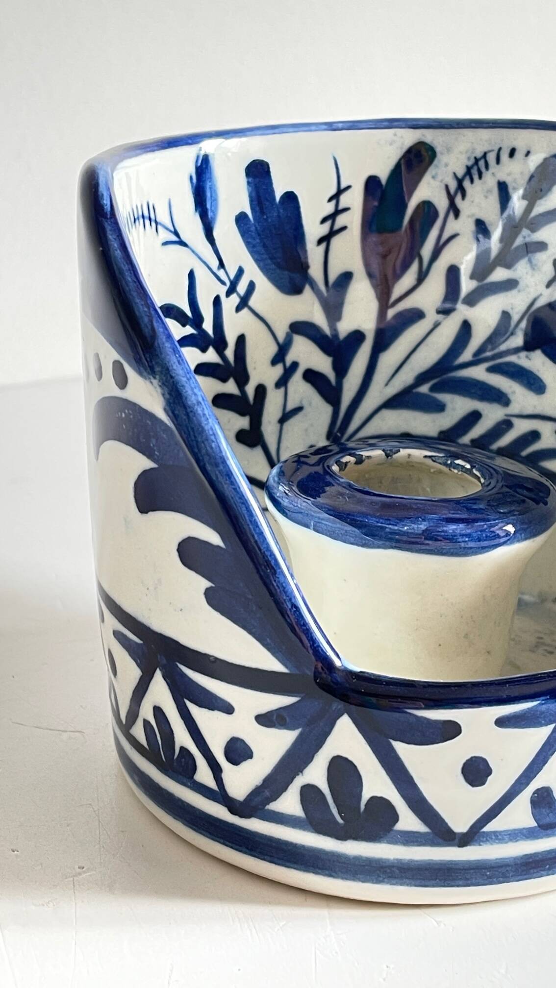 Blue ceramic hand candle holder vintage craft