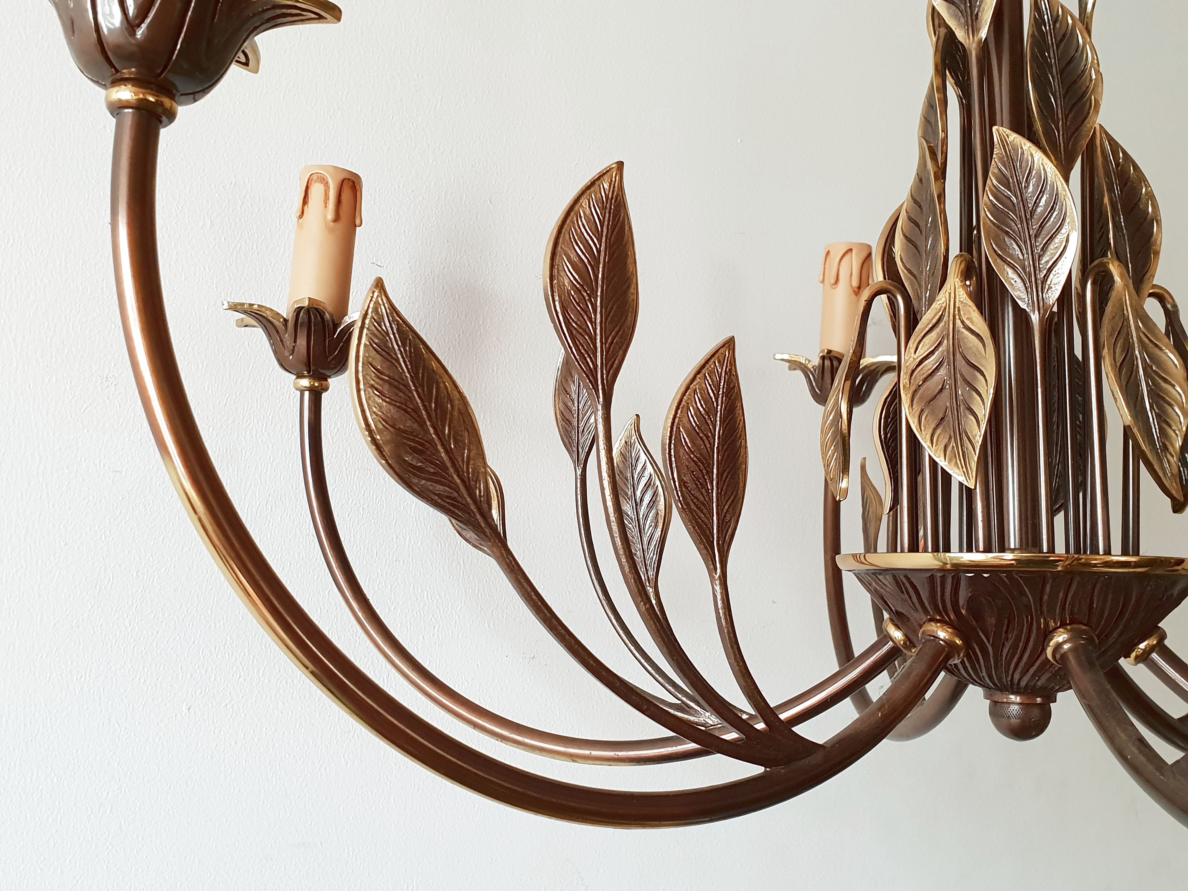 Leaves in gilded brass chandelier 1970