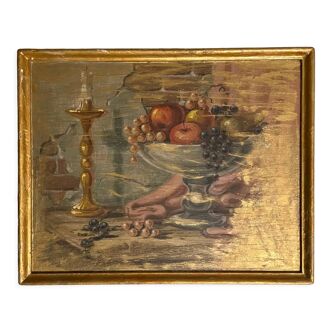 1930's french oil painting, wood still life candlestick & fruits, antique vintage