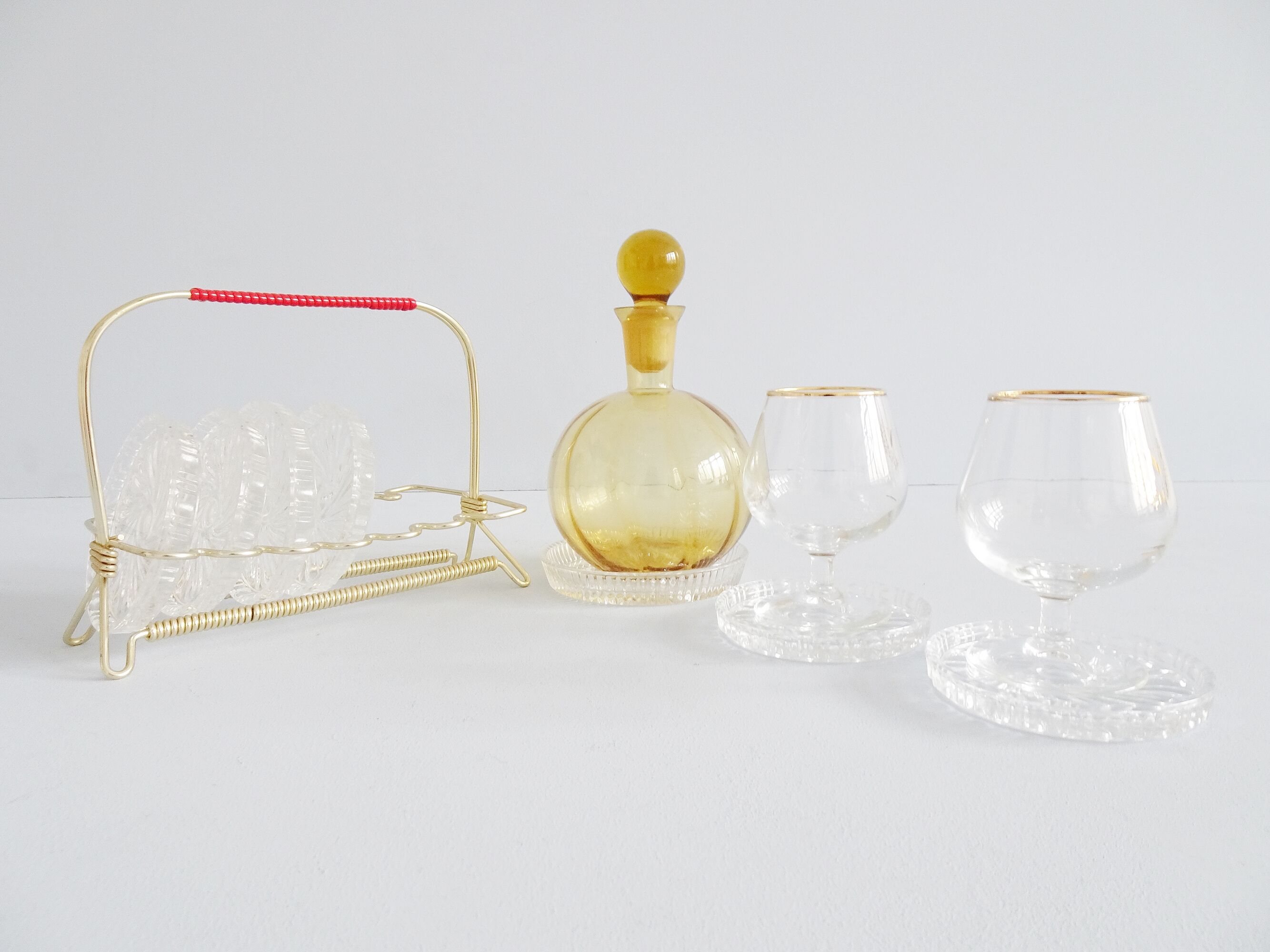 Glass coasters in stand, eight piece bar set, mid century bar accessories
