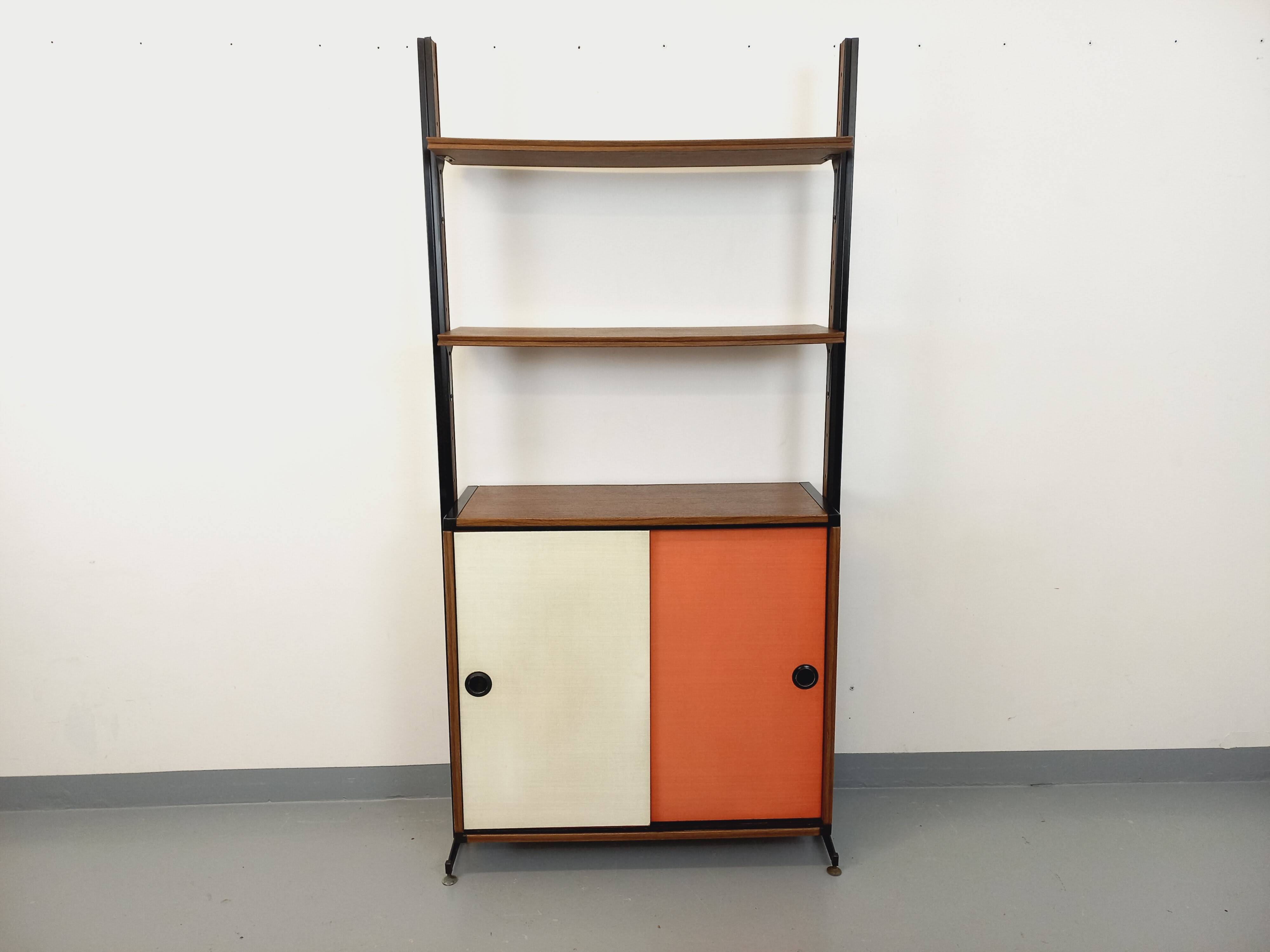 Vintage Italian modular shelving unit in melamine with wood decor
