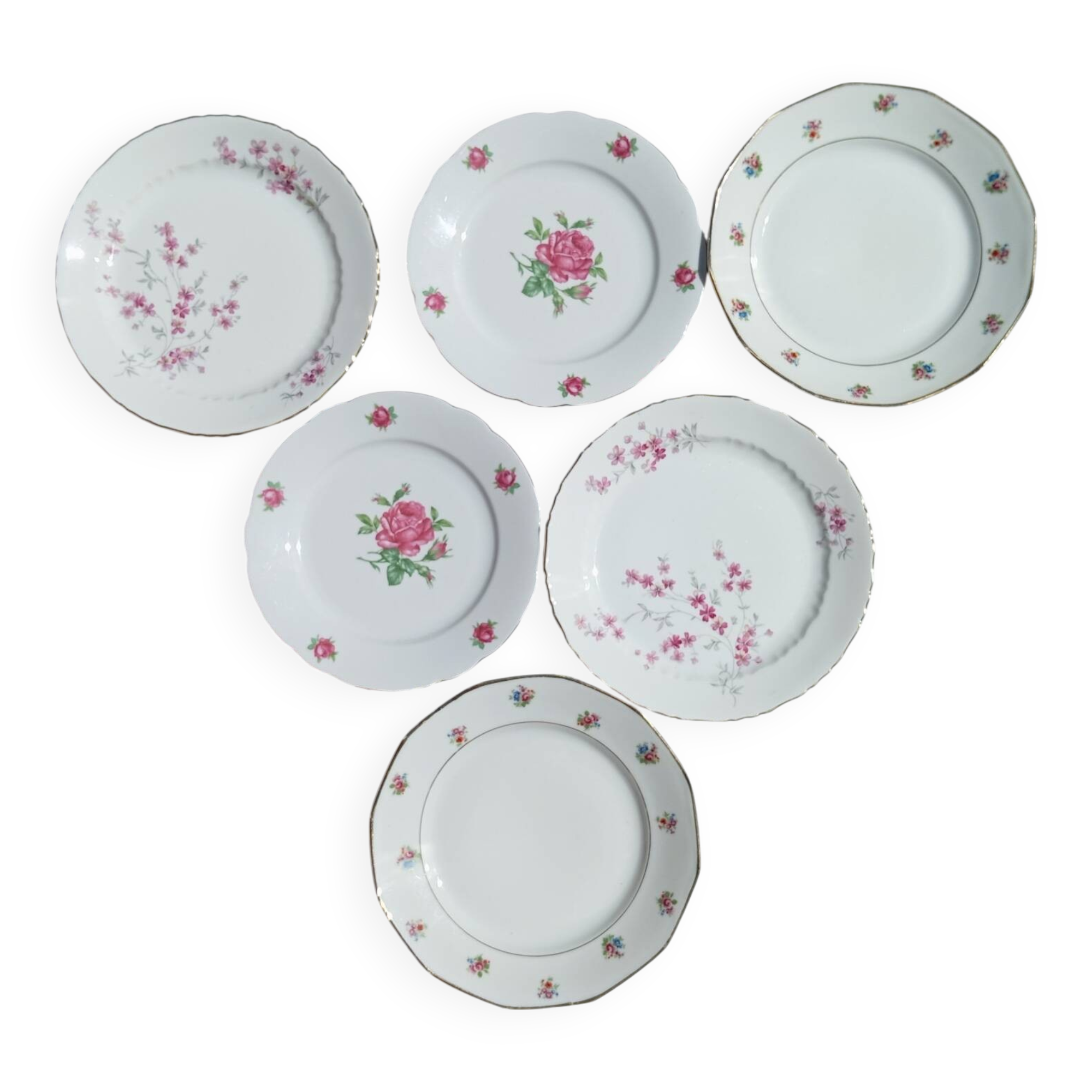 Mix of 6 mismatched floral dessert plates, retro porcelain