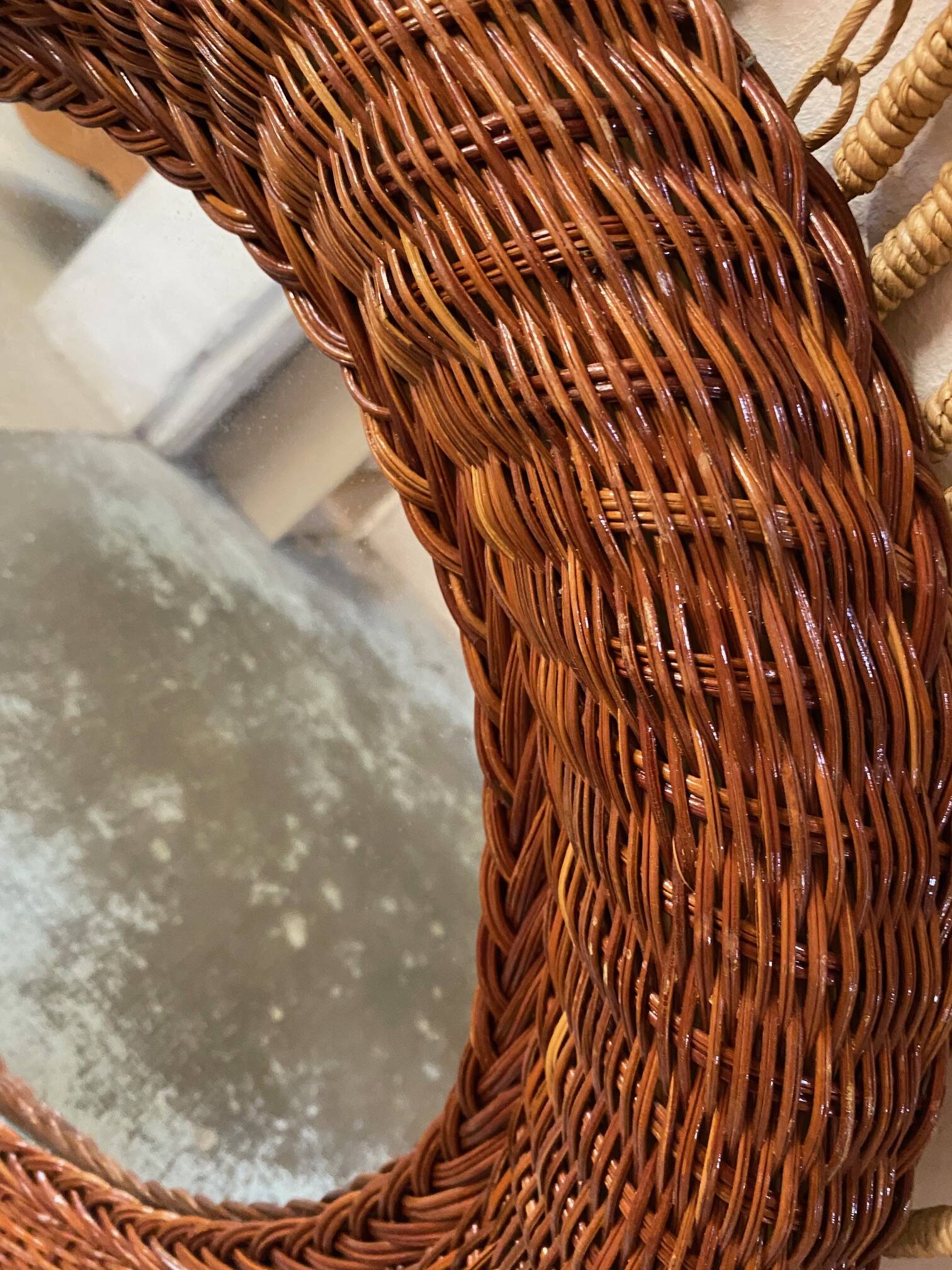 Old vintage round braided wicker mirror 1970s