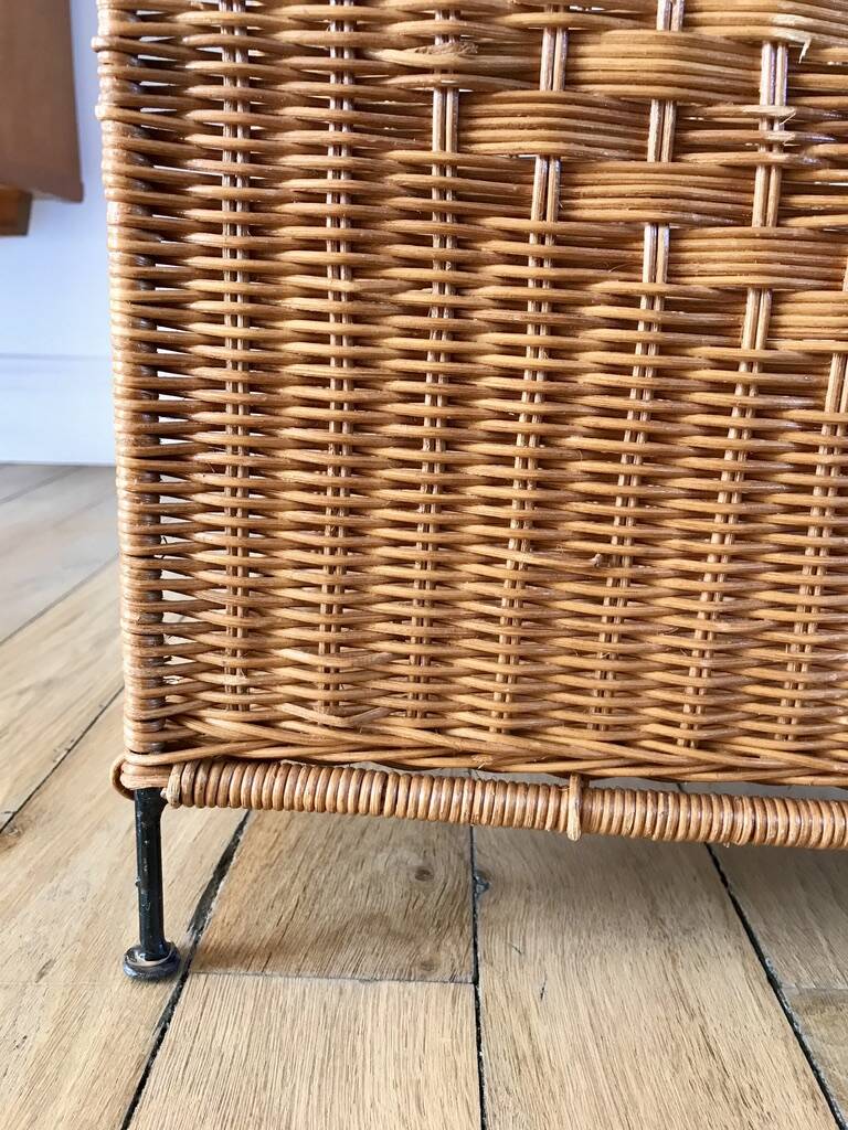 large wicker / rattan and black iron magazine rack from the 70s