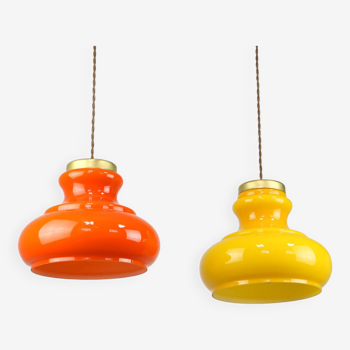Mid-century italian glass & brass pendant lamps, set of 2