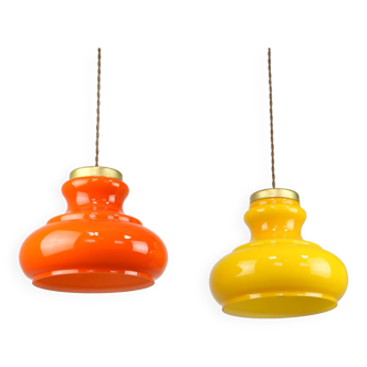 Mid-century italian glass & brass pendant lamps, set of 2