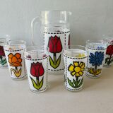 Orangeade service, 1 carafe and its 6 glasses, decoration flowers, France