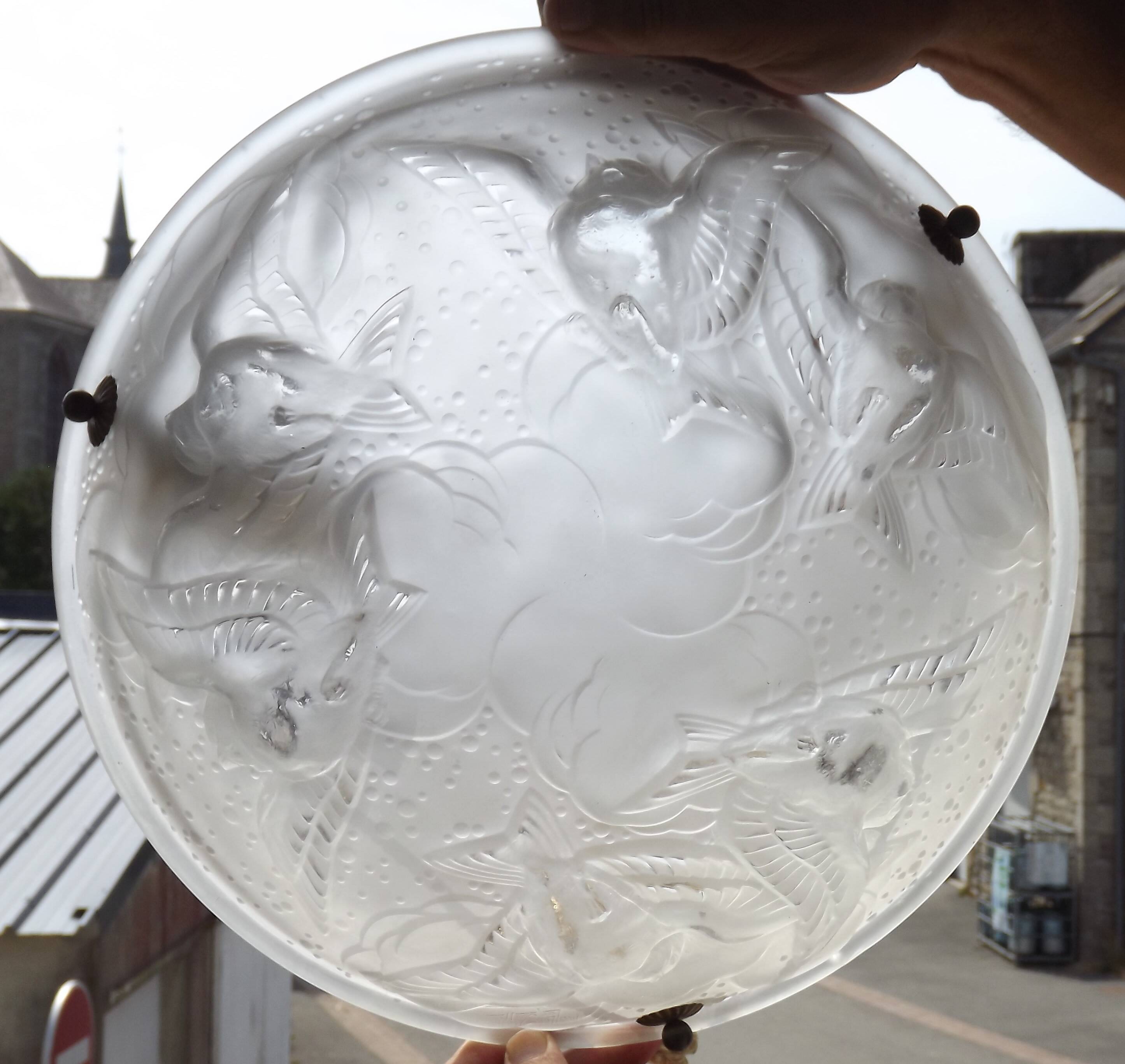Signed Muller Frères Lunéville Art Deco Ceiling Light Flying Bird Detail