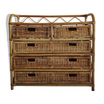 Commode chiffonnier vintage en rotin et osier des années 70