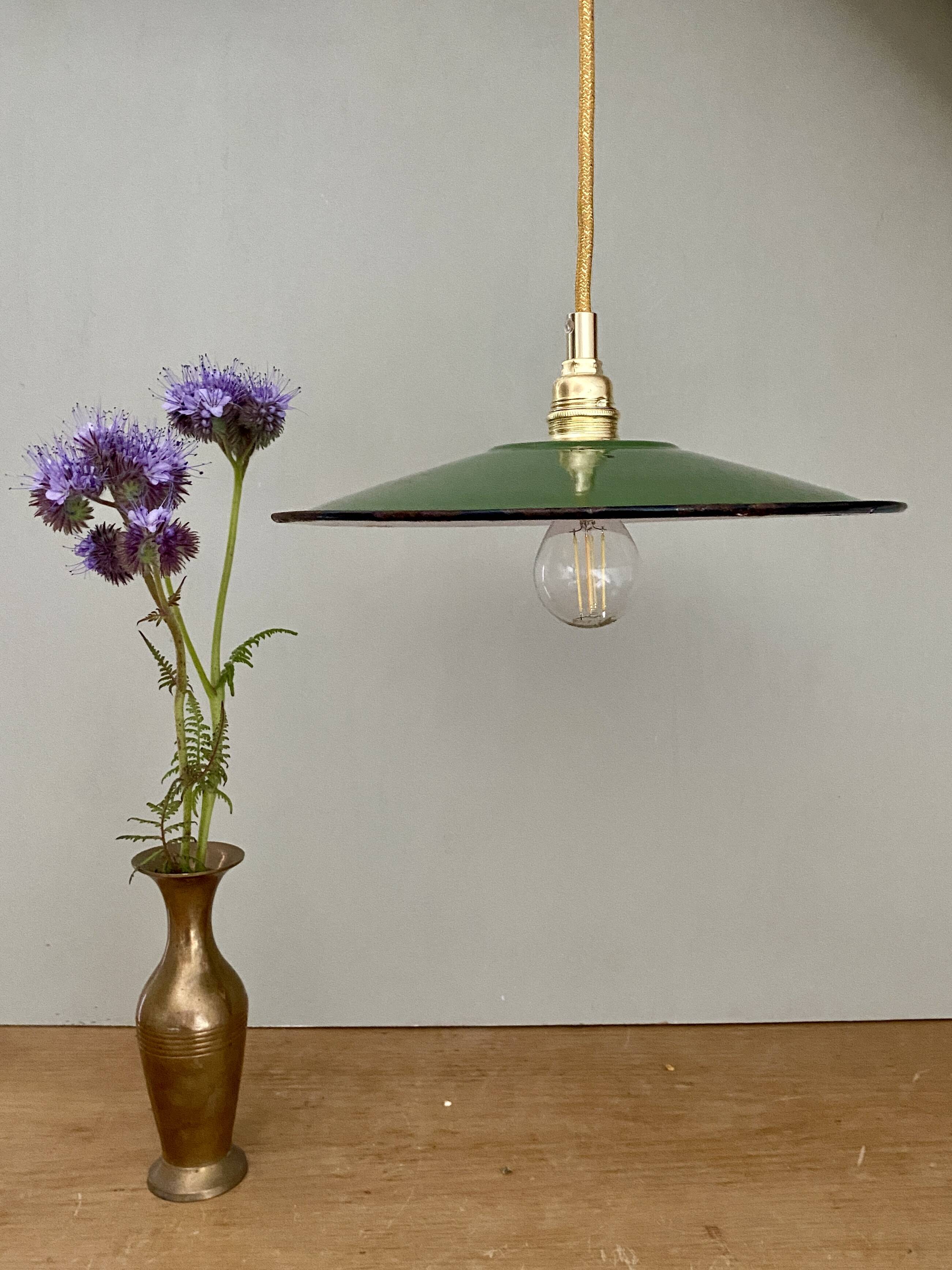 Vintage green enamelled sheet metal lampshade pendant light