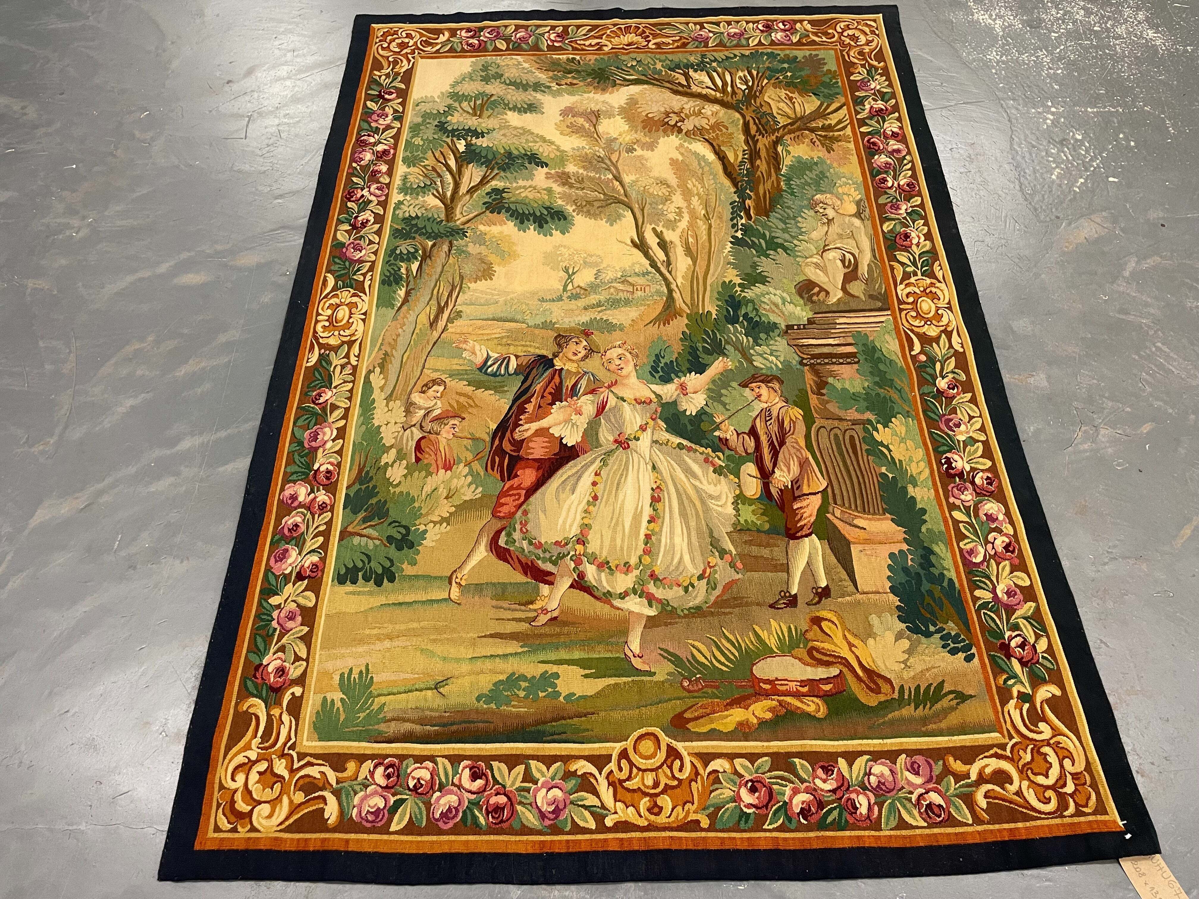 Tapisserie murale en laine de style français élégant avec verdure et scène de cour romantique