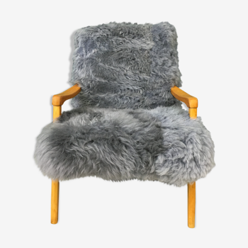 Vintage  grey sheepskin fluffy armchair