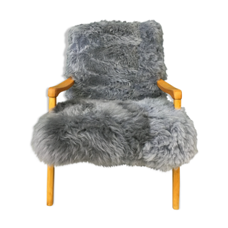 Vintage  grey sheepskin fluffy armchair