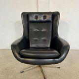 Vintage Danish mid-century black leather swivel chair, 1970s