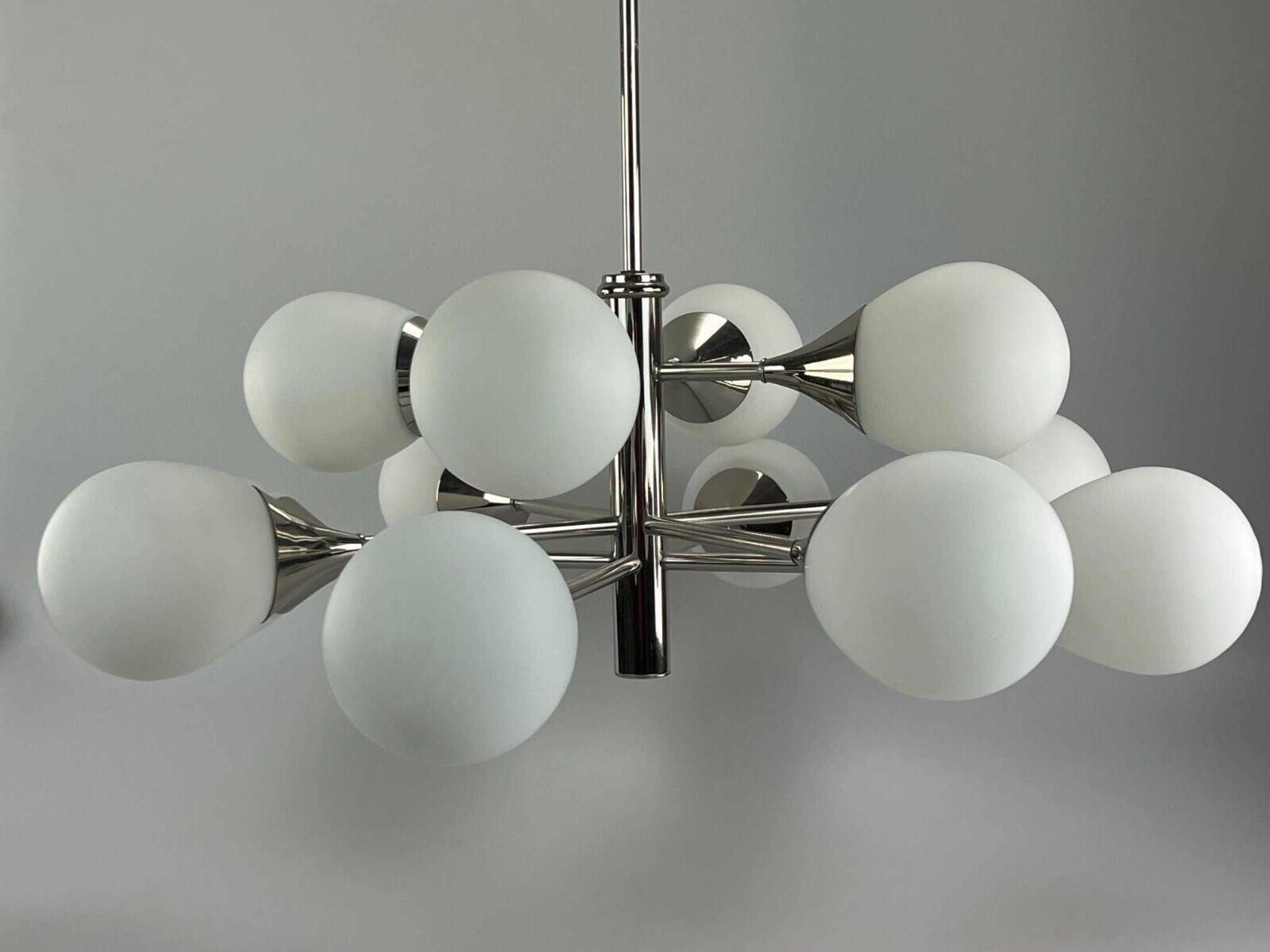 12-flame Sputnik chandelier from the 1960s and 1970s, Kaiser Leuchten, opal glass design