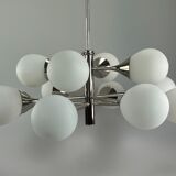 12-flame Sputnik chandelier from the 1960s and 1970s, Kaiser Leuchten, opal glass design