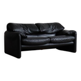 Cassina Maralunga Two Seater Sofa In Black Leather By Vico Magistretti 1970