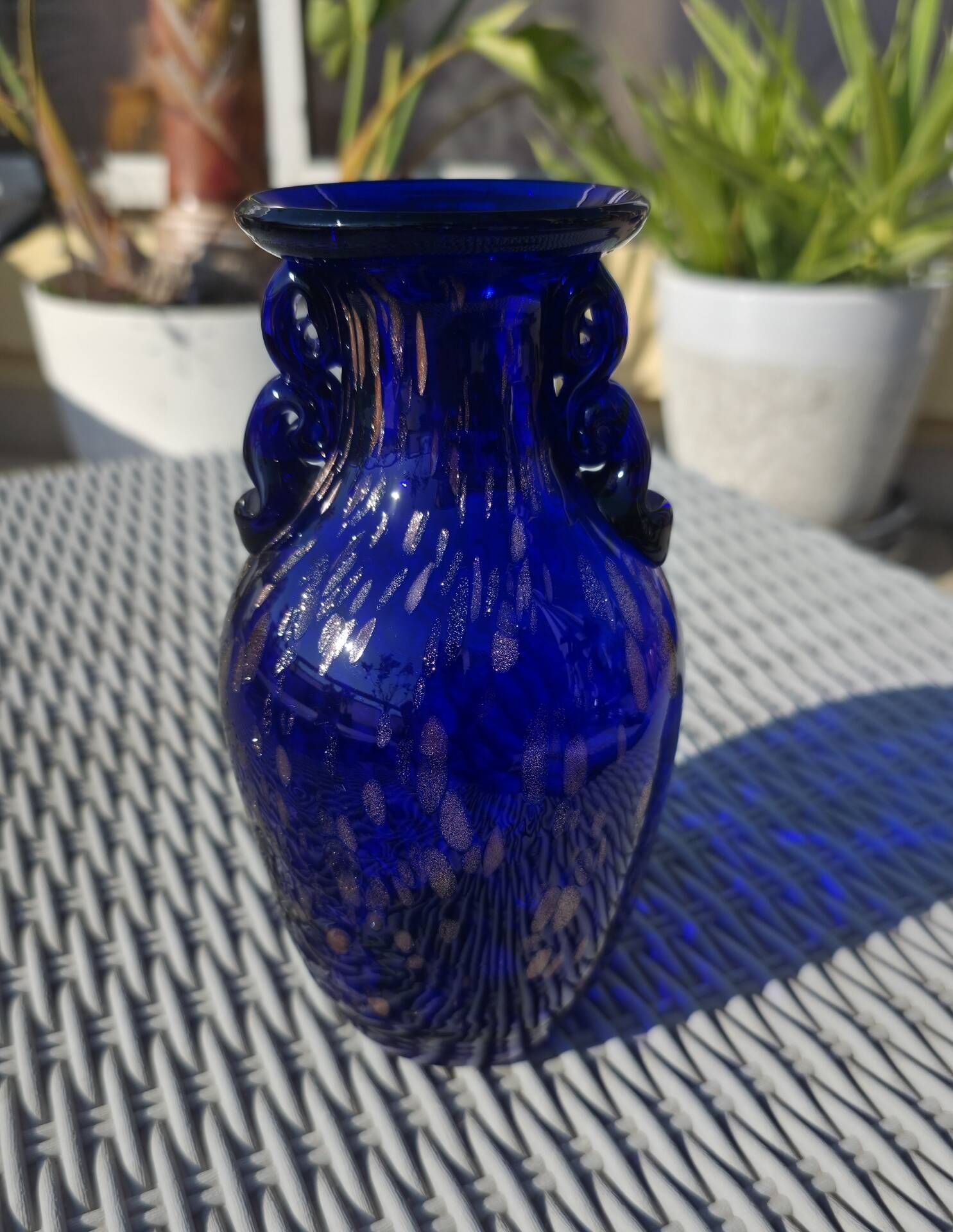 Vase Amphore Murano Vintage – Bleu Cobalt & Inclusions d’Or – 1970