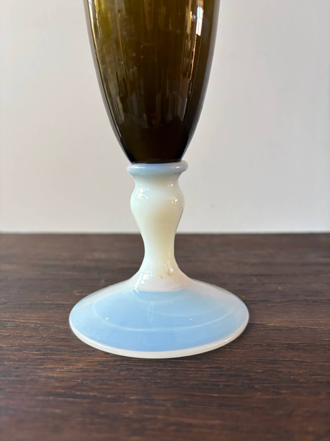 Empoli green glass vase with vintage bianco latte foot