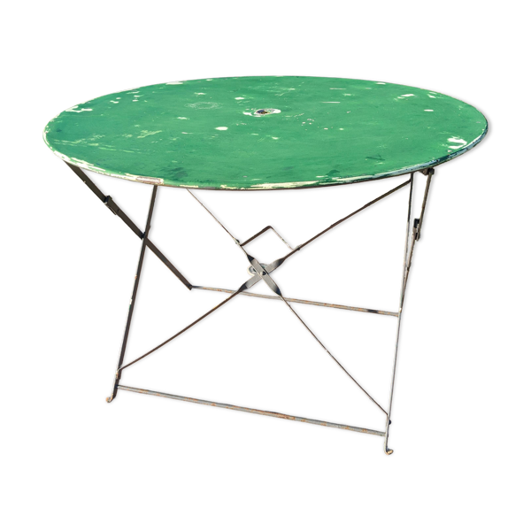 Table de jardin ronde ancienne pliante métal patine verte